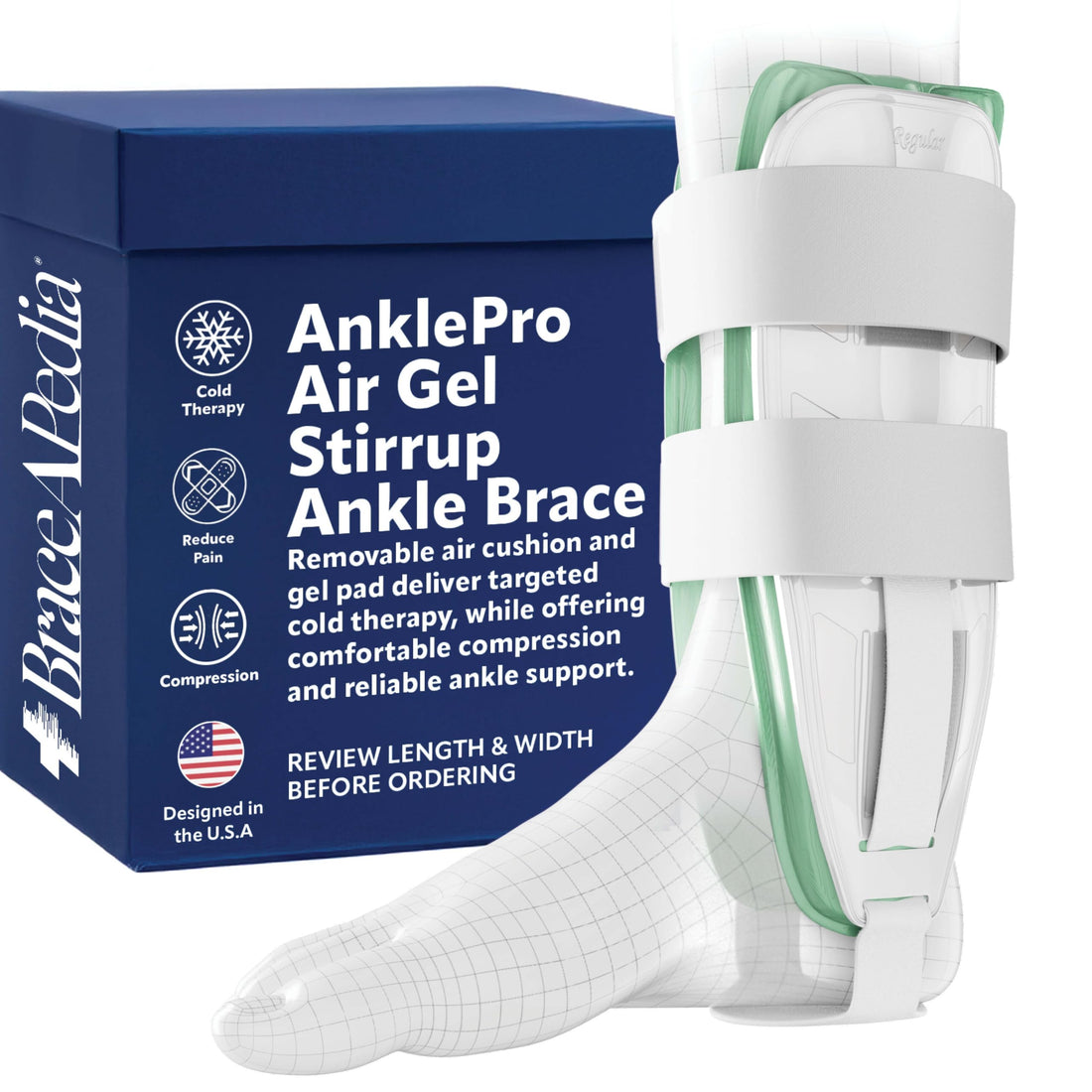 AnklePro Air Gel Stirrup Ankle Brace, Adjustable & Trimmable Side Stabilizer With Removable Cold Therapy Air Cushion & Gel Pad for Ankles, Swelling & Foot Support, Trainer, White