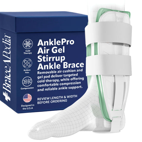 AnklePro Air Gel Stirrup Ankle Brace, Adjustable & Trimmable Side Stabilizer With Removable Cold Therapy Air Cushion & Gel Pad for Ankles, Swelling & Foot Support, Trainer, White