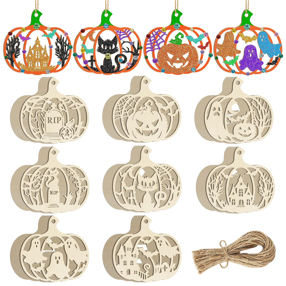80PCS Wooden Halloween Decoration Pumpkins Ornaments to Paint Happy Halloween Cutouts Unfinished, DIY Blank Unfinished Ghost Spider Web Black Cat Trick or Treat Boo Ornament for Home Crafts Hanging