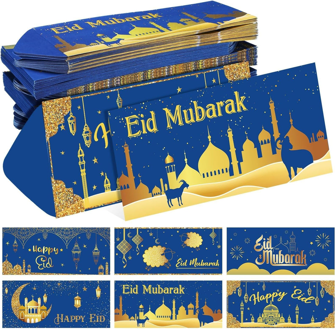 SM4U Eid Mubarak Money Envelopes, Blue and Gold Islamic Design Cards, 6 Designs, Pack of 24