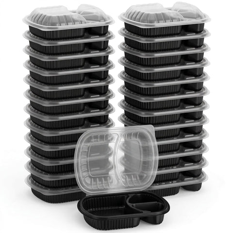 (Pack of 10) - 3 Compartment Plastic Meal Tray with Clear Lid – Disposable Microwave-Safe Food Containers for Takeaway, Meal Prep & Delivery – Leak Resistant Black Base (10)
