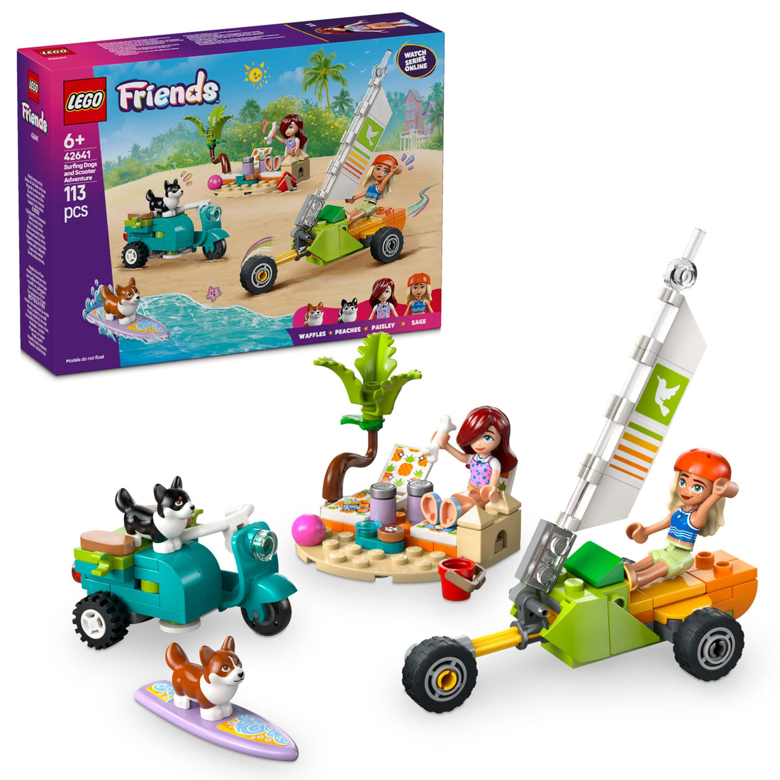 LEGO Friends Surfing Dogs and Scooter Adventure, Building Toy for 6 Plus Year Old Girls, with 2 Mini Doll Characters and 2 Pet Corgi Animal Figures, Kids’ Creative Playset 42641