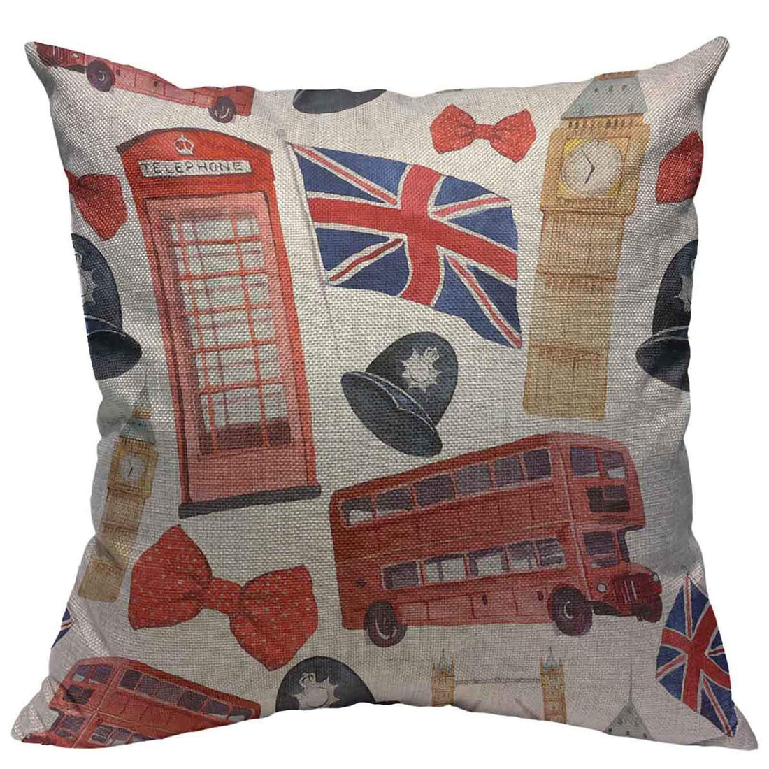 Throw Pillow Cover Watercolor London Cotton Linen Square Pillowcases Red Phone Booth Big Ben Clock Great Britain Policeman Helmet Bow Tie Polka Dot Red Bus Modern Cushion Cover Home Decor 18 X 18 Inch