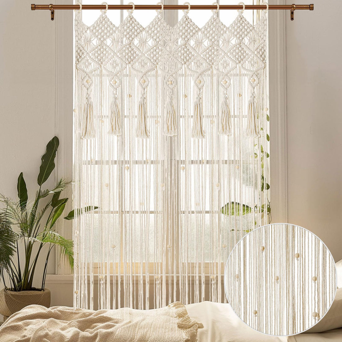 BECHAEO Boho Macrame Beaded Curtain Handmade Door String Curtain for Doorway Window Cotton Tassels Beads Hanging Hippie Room Divider Hallway Closet Bedroom Living Room Decor, 1 Panel 79" L x 35" W