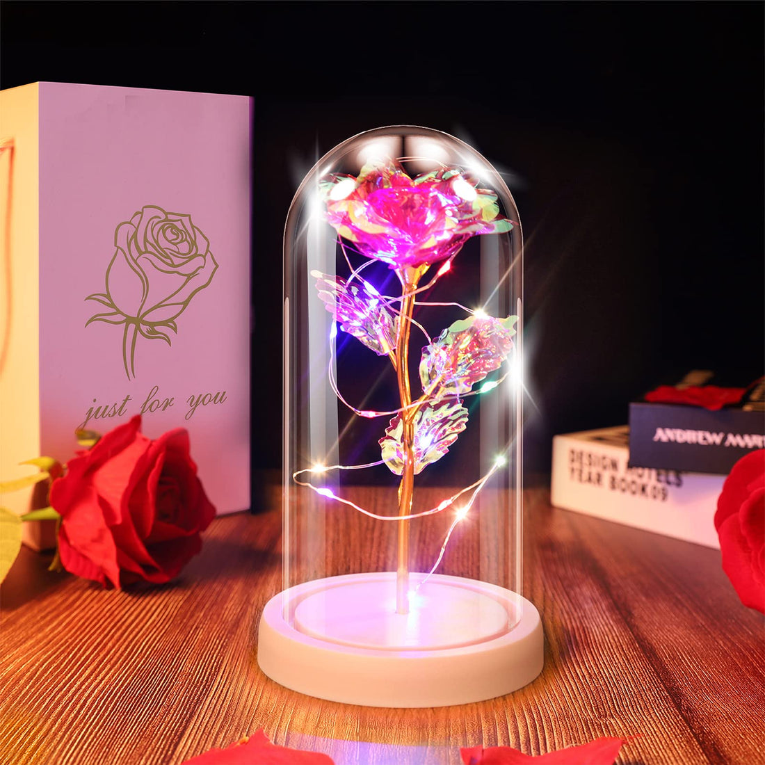Beauty and The Beast Rose Lamp In the Glass Dome, Eternal Rose Artificial Flower with LED Light, Gift for Women Girl for Birthday Valentine's Day Mother's Day Christmas Anniversary