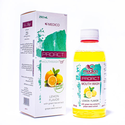 MEDICO Proact Mouthwash – Antibacterial Oral Rinse with Chlorhexidine, Thymol, Green Tea & Grape Seed Extract – Lemon Flavor – Fresh Breath & Gum Protection – 250ml