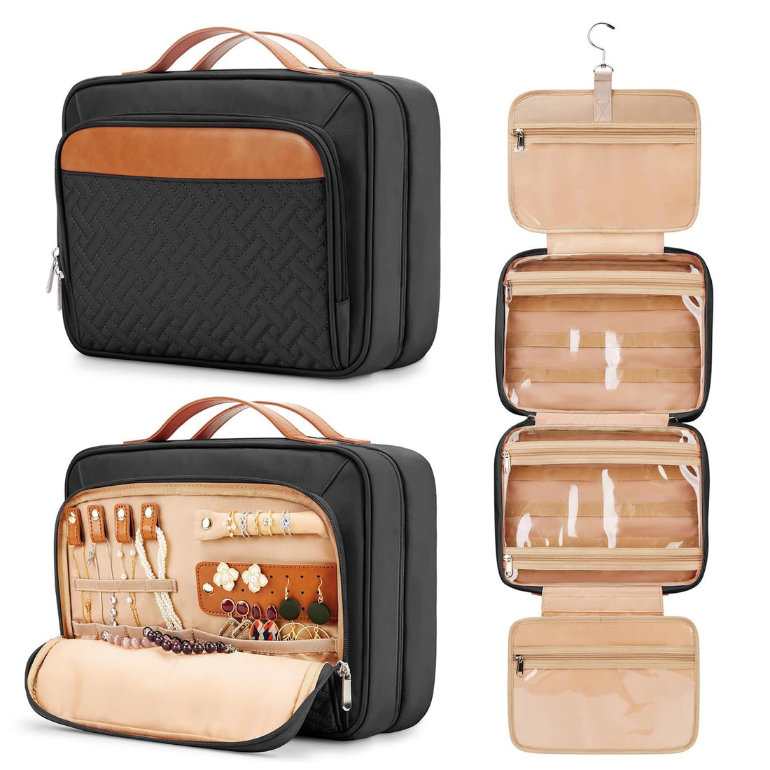Travel Hanging Toiletry Bag for Women, Large Makeup Bag Waterproof Cosmetic Bag with Jewelry Organizer Compartment, Toiletries Kit Set, Black