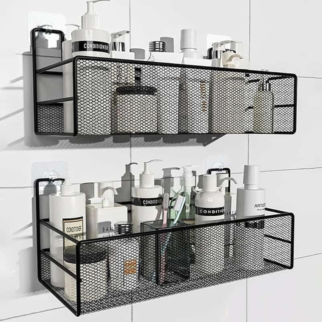 Stainless steel bathroom basket with 2 double-face hooks for hanging without nails, black color, 36cm * 15cm * 15cm