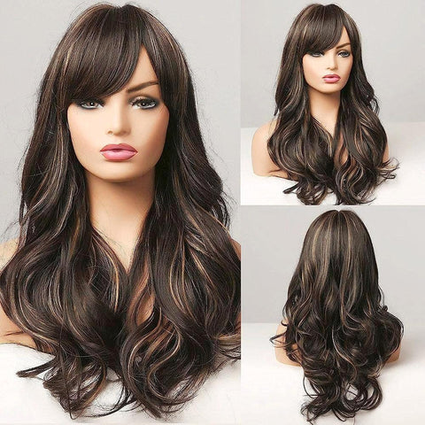 ECIF Synthetic Hair Wig With Bangs - Medium, Brown, Golden