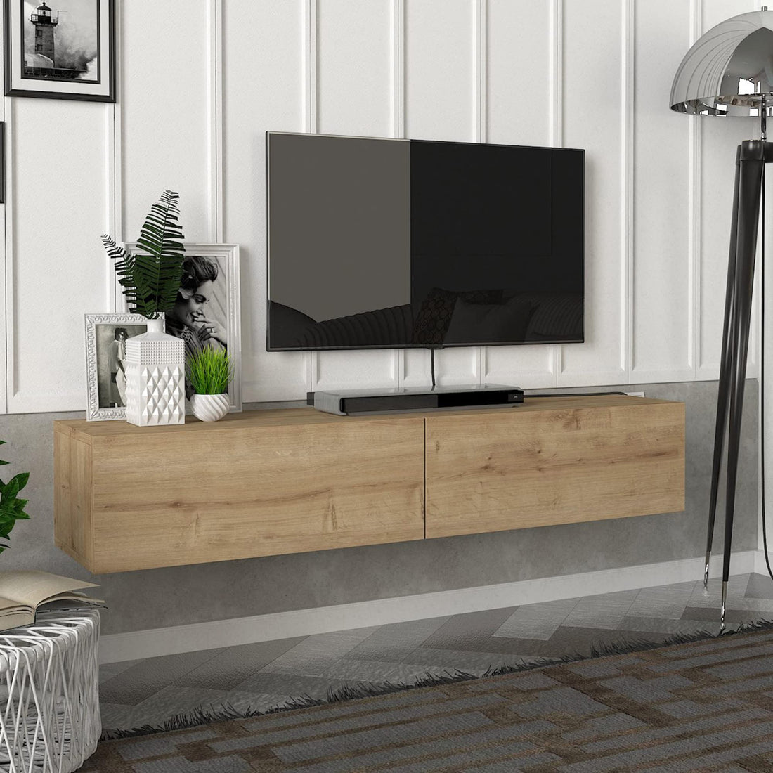 [en.casa] TV Stand Hanging TV Stand with Closed Shelves Floating Storage Space for Living Room Bench TV Chipboard 135 x 31 x 25 cm Oak Effect
