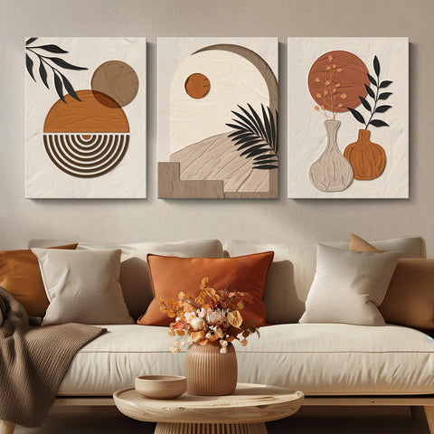 Neutral Boho Wall Art for Living Room Bedroom Wall Decor, Set of 3 Framed Canvas Paintings Artwork for Walls, Beige with Orange Bohemian Prints for Home Farmhouse Office Decor - 12" x 16" x 3 Pieces