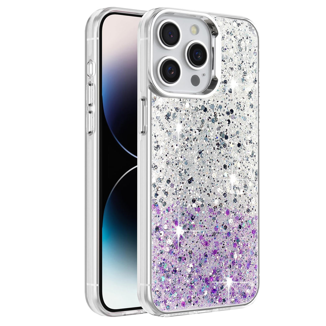 Dl3 Mobilak Compatible with iPhone 14 Pro Max 6.7-Inch Case, Clear Glitter Bling Sparkly, Soft TPU Frame Bumper, Hard-Back Cover for Women & Girls, Transparent Protective Phone Case (White Purple)