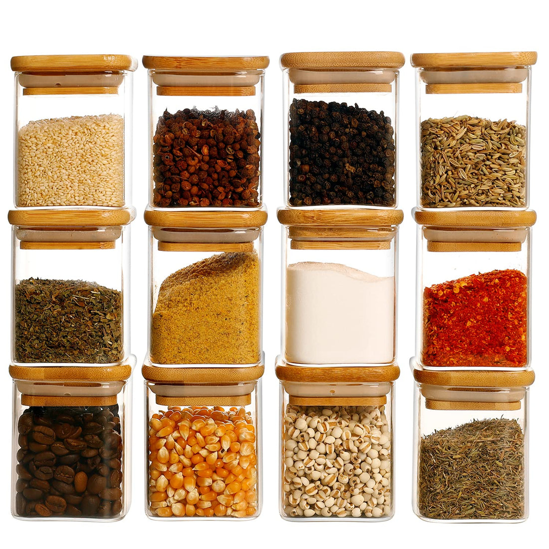 A set of 8 airtight glass spice jars with high-quality wooden lids