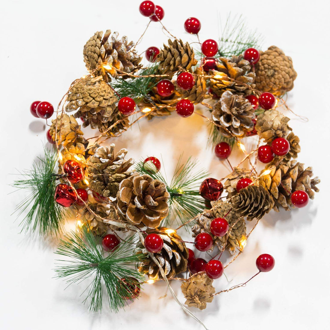 Christmas String Lights Pinecone Red Berry Bell Xmas Garland Fairy with Pine Cone and Green Leaves Indoor Outdoor Holiday New Year Party Fireplace Door Tree Decorations