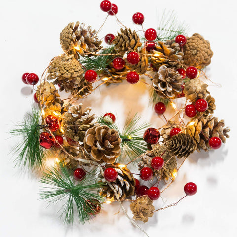 Christmas String Lights Pinecone Red Berry Bell Xmas Garland Fairy with Pine Cone and Green Leaves Indoor Outdoor Holiday New Year Party Fireplace Door Tree Decorations