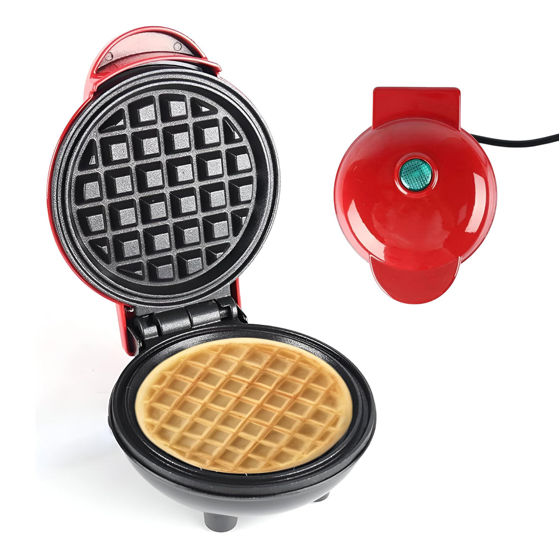 Waffle Maker - Compact Round Design for Effortless Breakfasts and Snacks, Featuring Non-Stick and Overflow-Proof Cast Iron Cooking Surface.