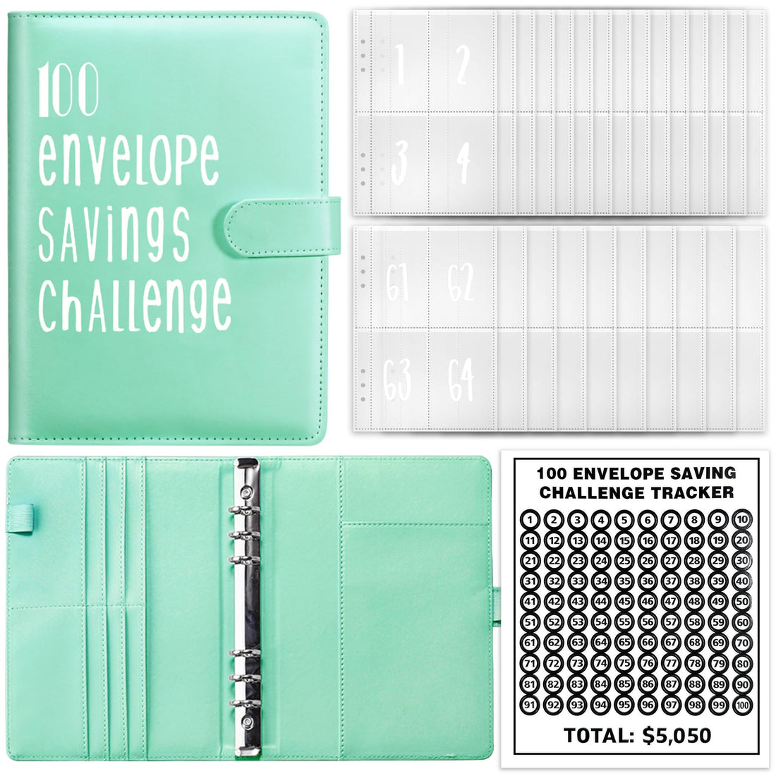 MATHARAGO 100 Envelope Savings Challenge Binder, Budget Planner with Cash Envelopes for Total $5050, A5 PU Leather Notebook 100 Day Money Saving Challenge Binder Cash Envelopes (Green)