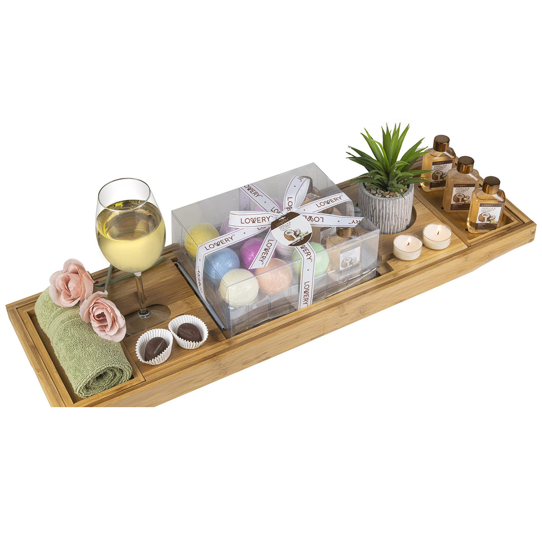 LOVERY from Son, Premium Bamboo Bathtub Caddy Tray Gift Set with Bath Bombs, Shower Gel, Shampoo & Bubble Bath, Luxury Bathtub Tray with Book & Wine Holder, Expandable Tray to Fit Any Tub