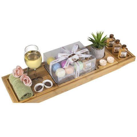 LOVERY from Son, Premium Bamboo Bathtub Caddy Tray Gift Set with Bath Bombs, Shower Gel, Shampoo & Bubble Bath, Luxury Bathtub Tray with Book & Wine Holder, Expandable Tray to Fit Any Tub