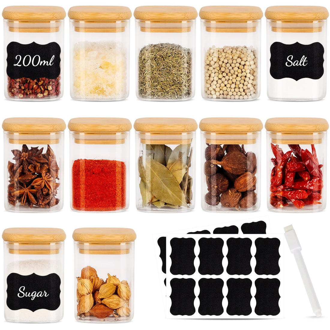 Solvant Set of 10 Square Spice Jars, 200 ml, Airtight with Wooden Lid, Spice Jars Set, Spice Jars Set, Spice Storage, Spice Shaker, Spice Storage
