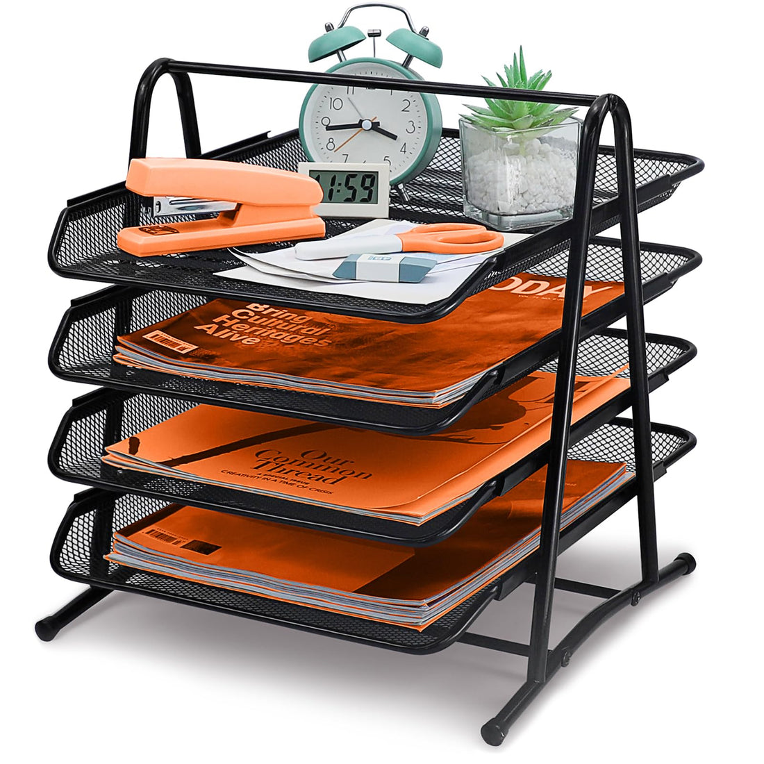 4 Tier Wire Mesh Desk Organizer - Sliding Paper Tray, A4 Filing, Magazine File Storage, Document Tray - Metal Desktop File Tidy Organizer For Home, Office