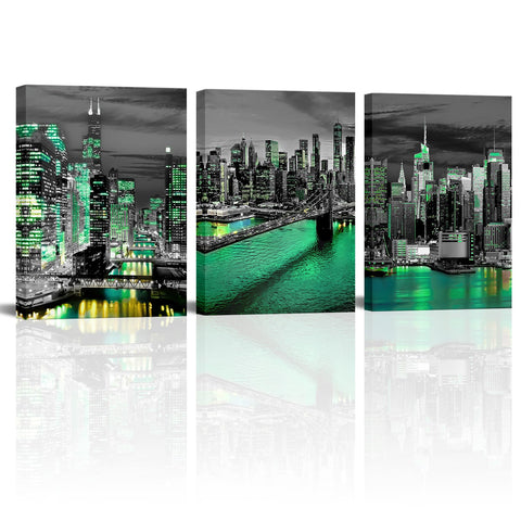 Sepwrol 3Pcs Cityscape Canvas Wall Art, Black White Building Lake Water Bridge Cityscape Prints Canvas Wall Decor, 12"x16" Modern City Landscape Printing Artwork for Home Living Room Bedroom Office