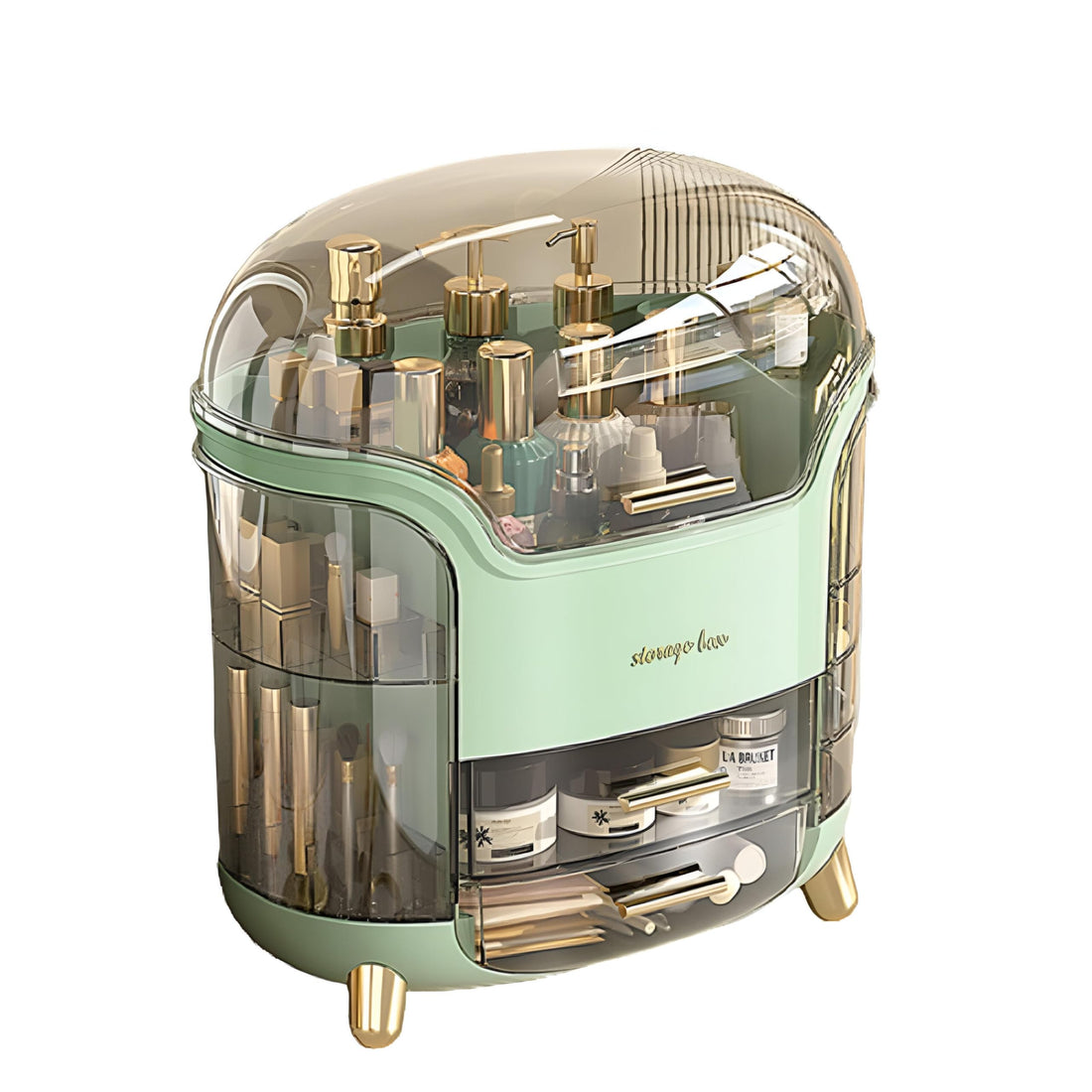 Makeup Organizer - Dustproof storage box with large capacity for skincare, lipstick, and jewelry in elegant green, 30x20x34cm portable display case