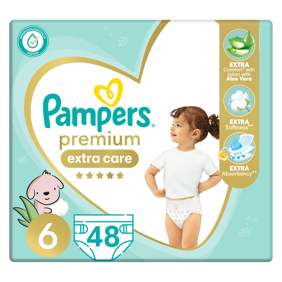 Pampers premium EXTRA care Taped diapers, size 6, with Lotion with Aloe Vera, 48 baby diapers