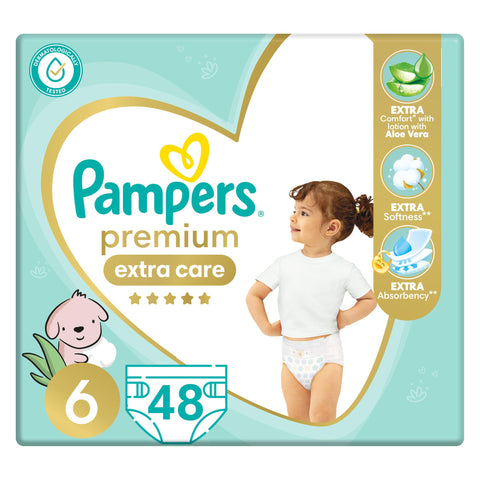 Pampers premium EXTRA care Taped diapers, size 6, with Lotion with Aloe Vera, 48 baby diapers