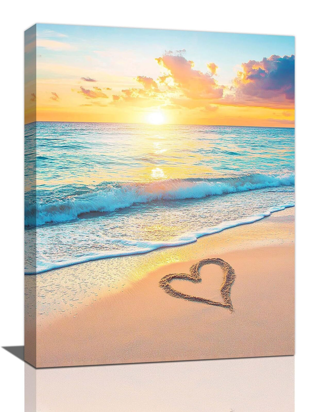 Beach Canvas Wall Art Coastal Ocean Sunrise Seascape Painting Beach Heart Pictures Decor Modern Framed Prints Artwork for Home Bathroom Bedroom Living Room Office 12"x16"