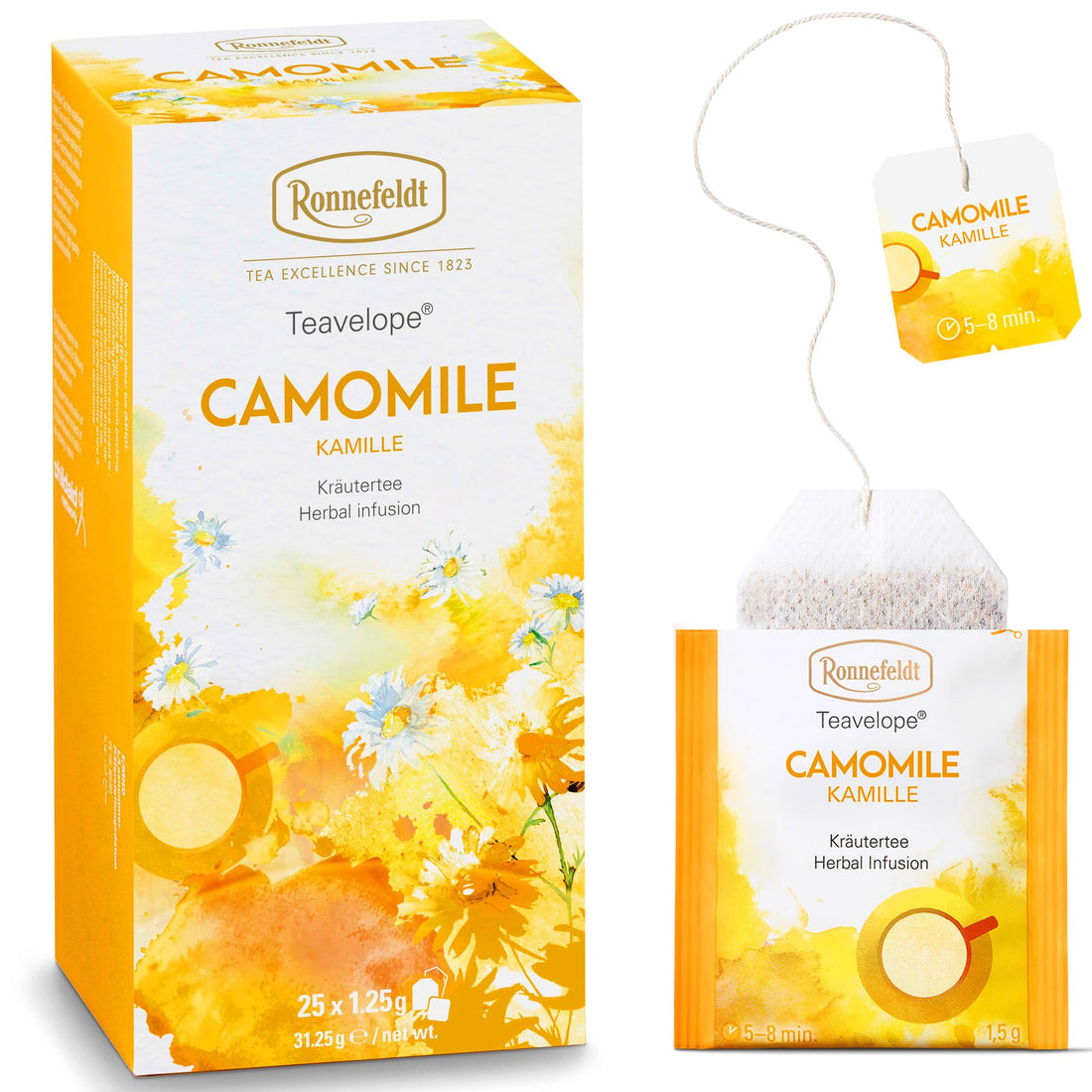 Ronnefeldt Teavelope Camomile – Naturally Caffeine-Free Herbal Tea with Pure Chamomile – 25 Individually Wrapped Tea Bags