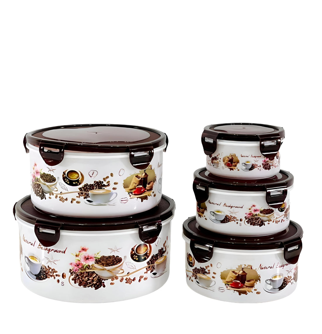 Airtight Fridge Set - Practical round plastic containers with locking lids, 5-in-1 space-saving design for secure food storage and freshness retention