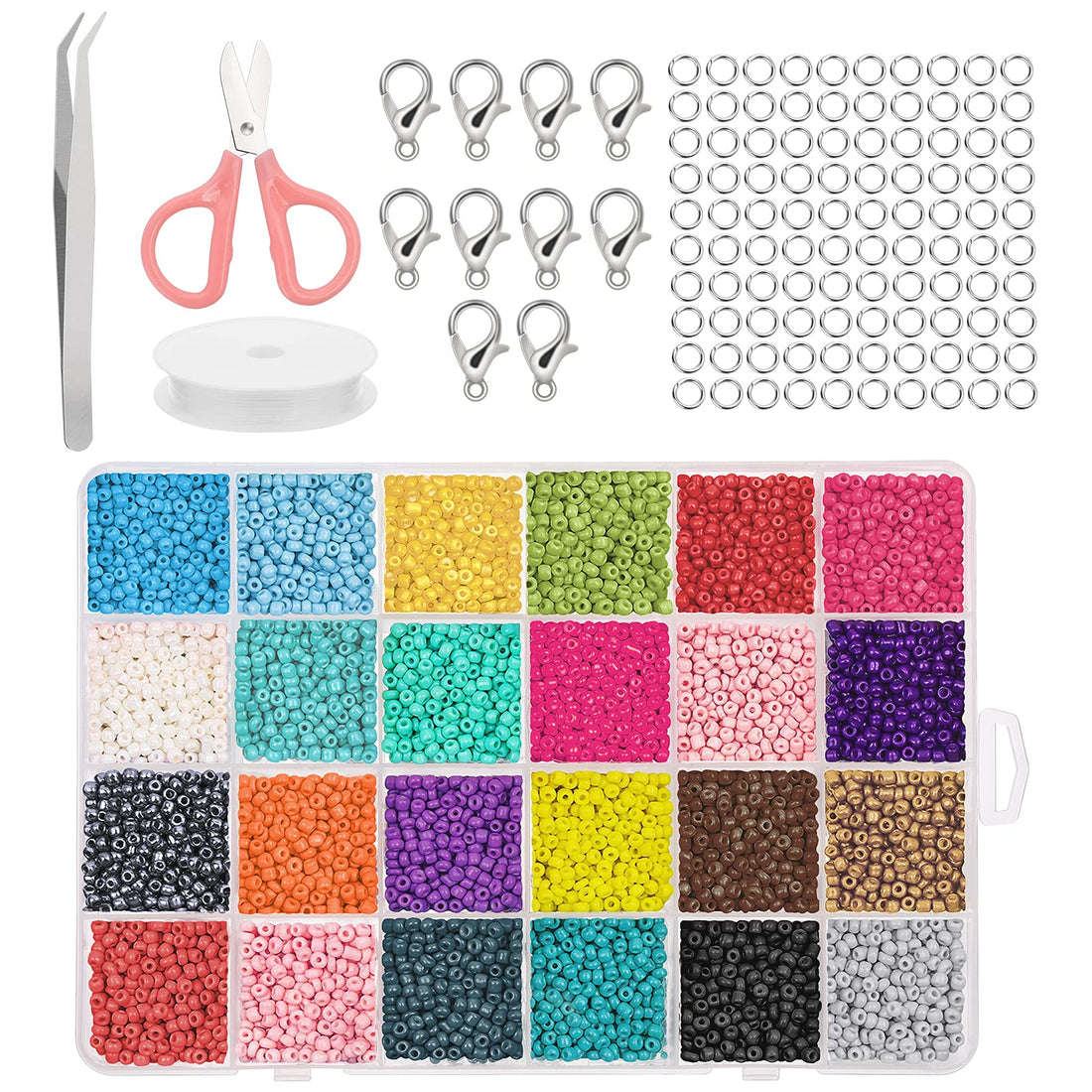 24000 Pcs Jewelry Making Kit CNNIK 2mm Acrylic Seed Beads 24 Colour Pony Beads for Bracelet Rainbow Glass Beads for Necklace with Tweezers Scissors and Beading Wire for Girls DIY Craft