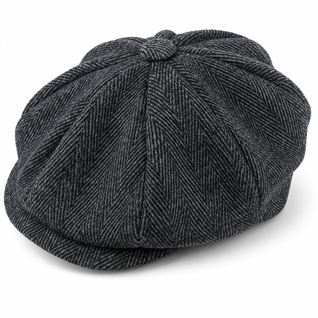 Lizzy 1 x Peaked/Peaky Flat Cap Hat (Adult) | Traditional 1920s Gatsby 8 Panel Peak Hat Mens Black Herringbone Wool Newsboy Flat Cap