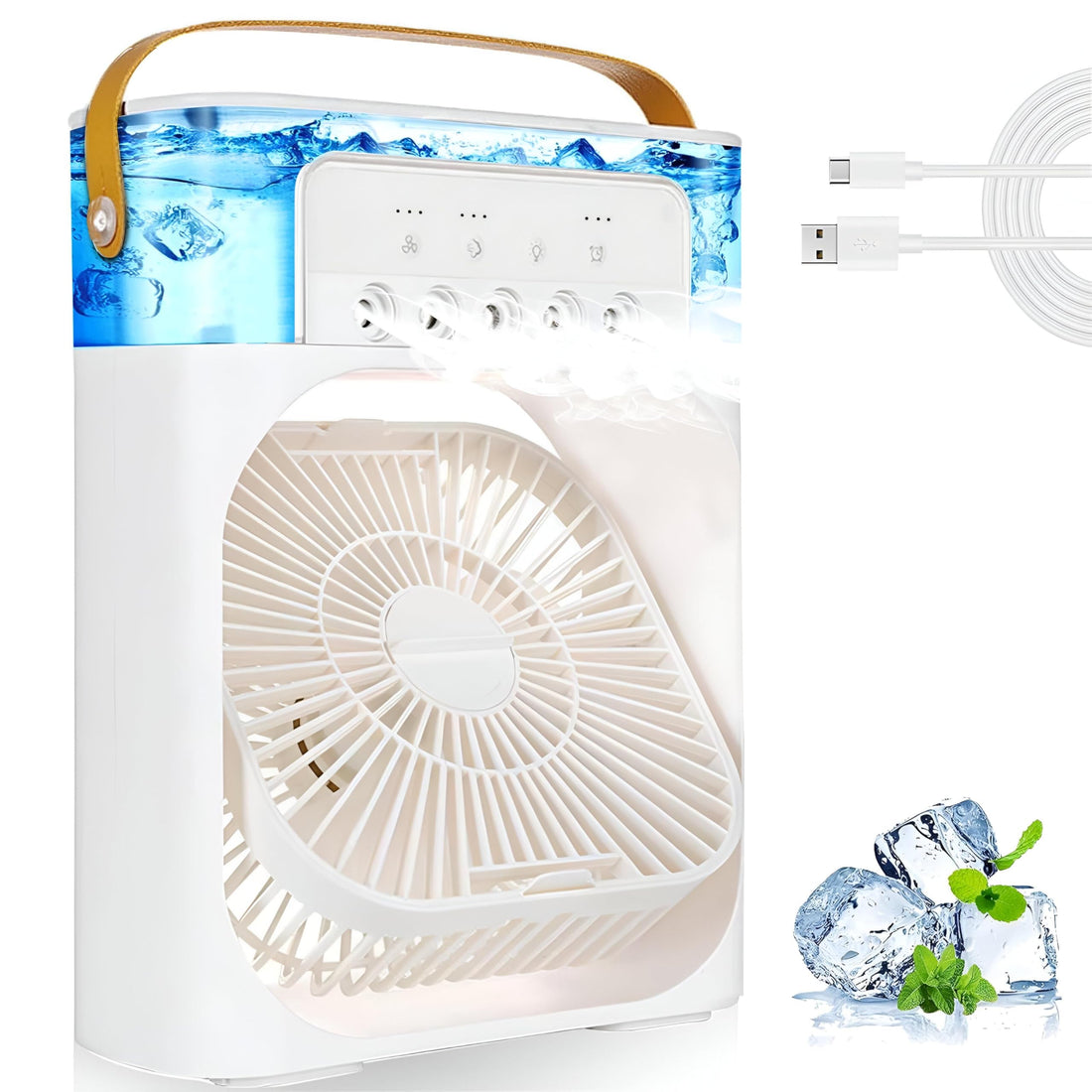 Small Personal Cooling Fan - Evaporative USB Fan with LED Lights, 3 Wind Settings, 680ml Tank for Office Desk and Personal Use
