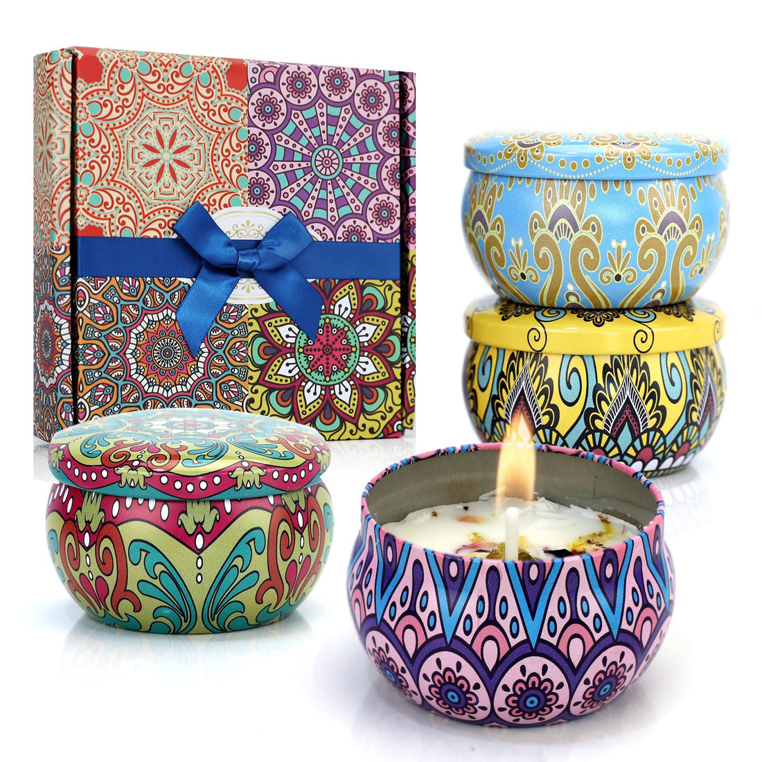 Scented Candles by, Wild Bluebell, English Pear and Freesia, Peppermint and Lavender, Travel Tin, Set of 4, for Home