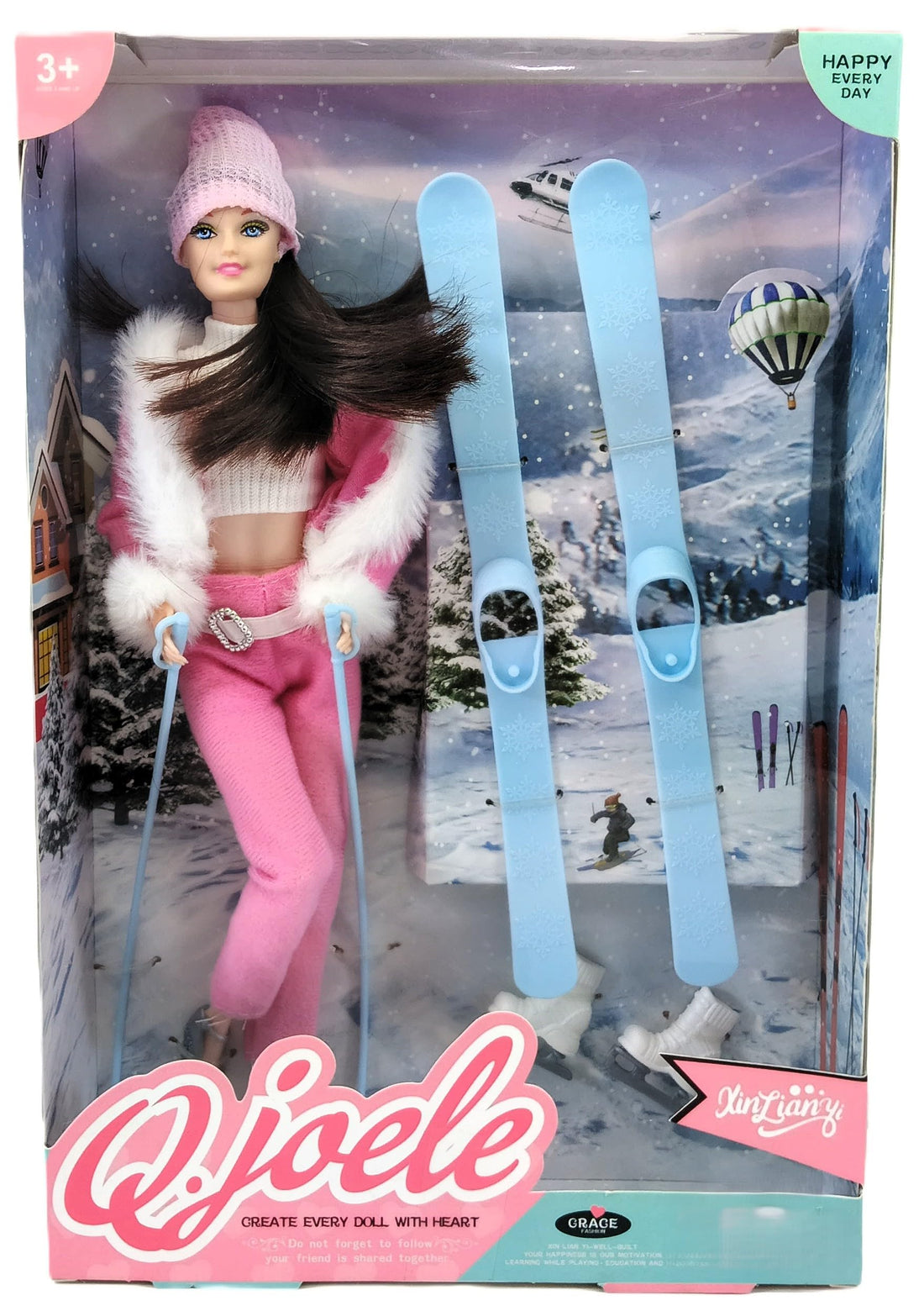 Q.joele Fashion Doll Skiing Playset for Girls, Pink Winter Outfit with Skis and Accessories