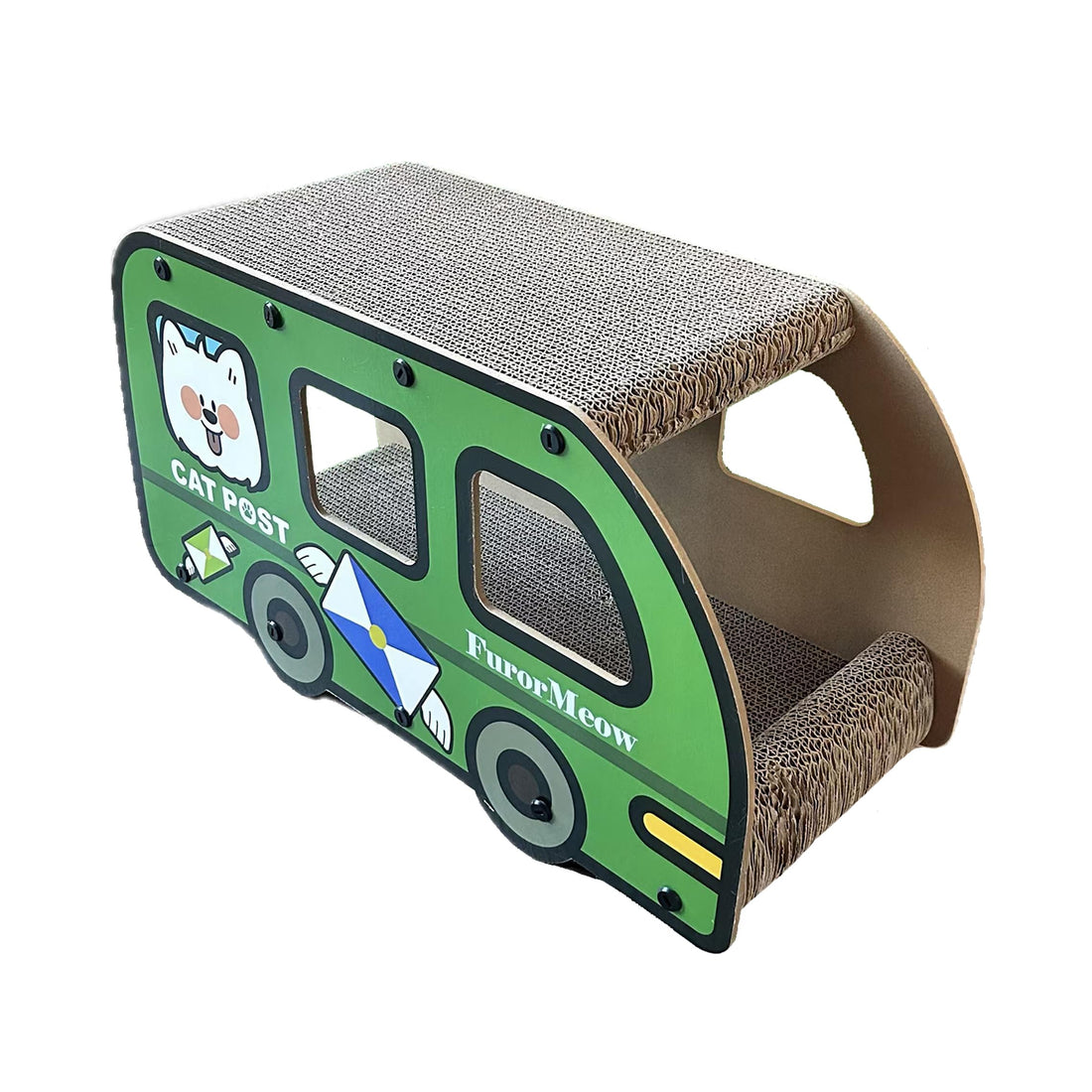 Cat Scratching Post Scratching Board, FurorMeow Green Bus Cat Scratcher, Large Sterdy Double Layers Cardboard House Indoor, 9x11.8x22 Inch, Cat Tunnel for Hide & Rest,