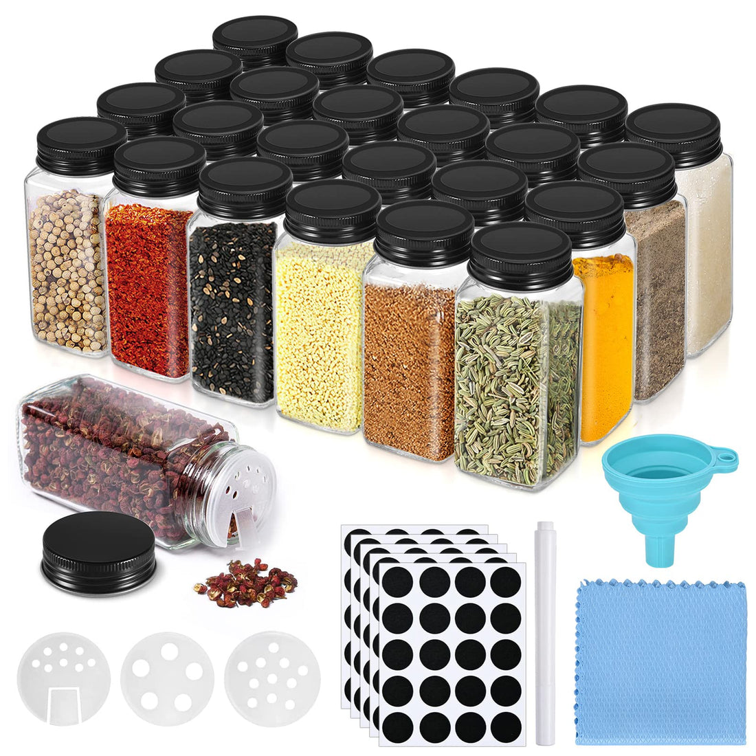 Kindpack Revivoer Spice Jars Set with Lid, 24pcs Square Glass Jars, 120ml, Spice Jars with Sieve, with Labels, and Funnel (Black)