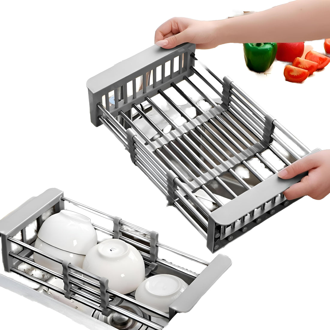 Sink Drainer - Expandable Stainless Steel Dish Rack with Drainboard, Heavy Duty Kitchen Counter Organizer for Plates and Bowls, Easy Clean Surface Prevents Water Accumulation and Rust Damage