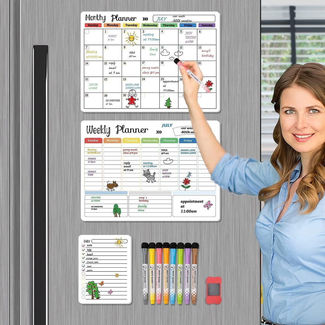 Magnetic Dry Erase Calendar Whiteboard Set (3-Pack) for Refrigerator, Wall, and Fridge Organization with Monthly, Weekly, and Daily Notepads. Comes with 8 Markers and 1 Eraser from magy store