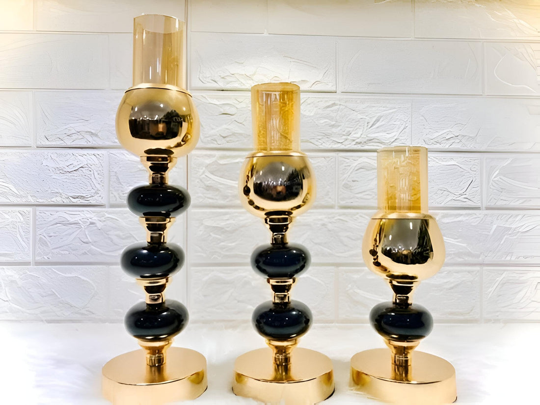 Home Décor Set - Intricately carved candle holder trio with refined black stone details, perfect for adding luminous charm to weddings, dining tables, and modern living interiors