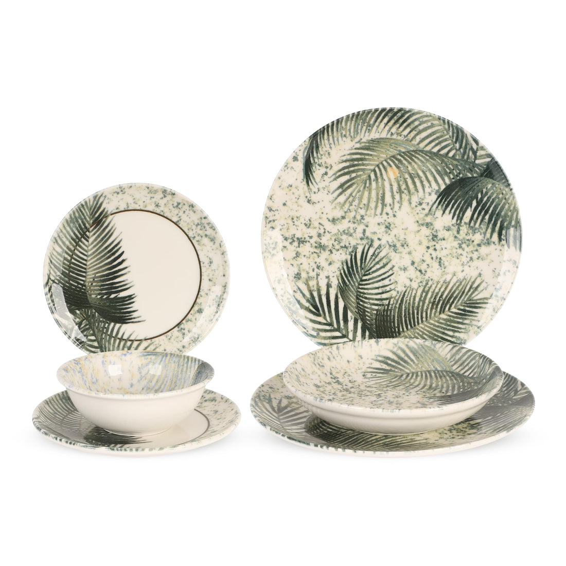 Cooker Dinner Set,24 Pieces for 6 Persons, Fine Porcelain, Made in Turkey, Tropical Palm Leaf Dinnerware Set, Green and White, Meercato