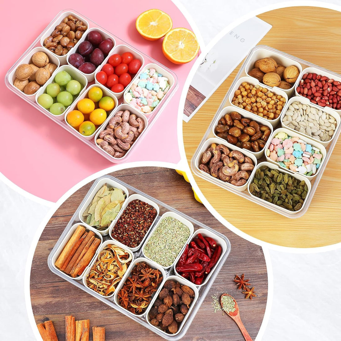 HOMERA Transparent Acrylic 8 Slot Spice Storage Box with Locking Lid Multi-Purpose Organizer for Fridge Kitchen Counter Pantry Herbs Nuts and Seasonings