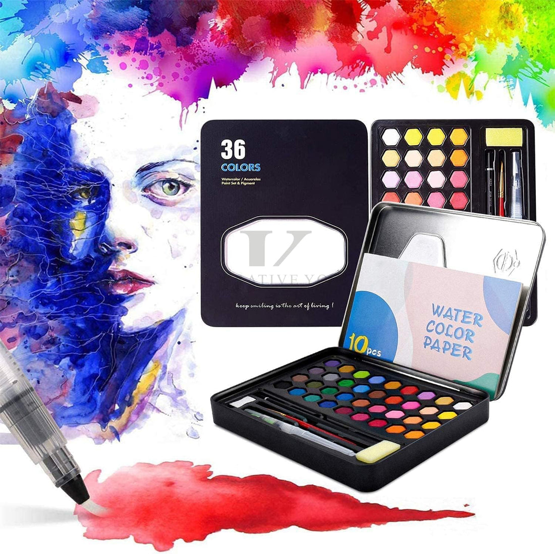 like it Keep Smiling Paint Set 36 Colors, Artist Paint Block Set with Water Color Paper, Paint Brush, Water Brush Pen, Tin Box, Art Supplies