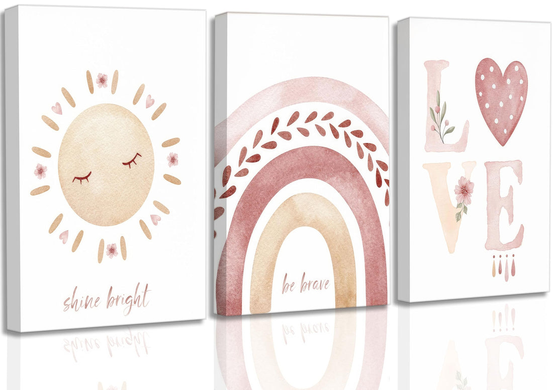 3Pcs Framed Nursery Canvas Wall Art Pink Sun Rainbow Hearts Posters Prints Boho Kids Room Pictures Wall Decor for Toddlers Children Baby Girl Bedroom Home Decoration