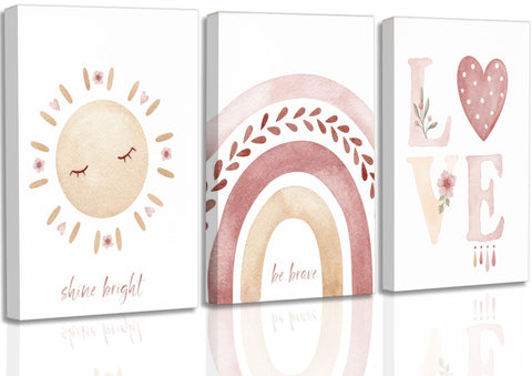 3Pcs Framed Nursery Canvas Wall Art Pink Sun Rainbow Hearts Posters Prints Boho Kids Room Pictures Wall Decor for Toddlers Children Baby Girl Bedroom Home Decoration