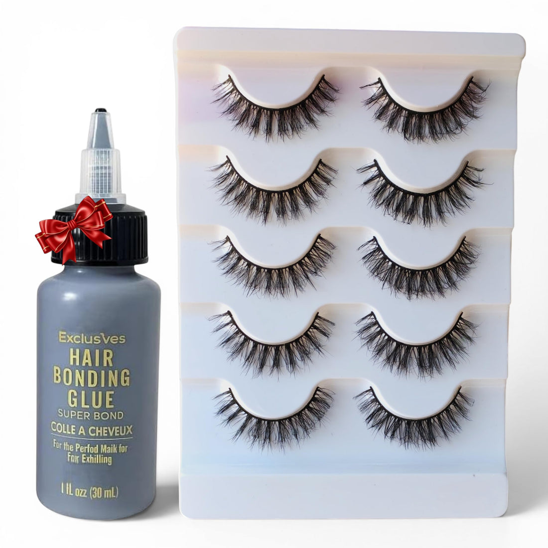 Fluffy false eyelash set of 5 pieces, soft and voluminous, handmade, natural, lightweight and reusable + free adhesive eyelashes 30ml (5 eyelashes pairs + eyelash adhesive)