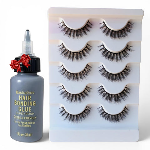 Fluffy false eyelash set of 5 pieces, soft and voluminous, handmade, natural, lightweight and reusable + free adhesive eyelashes 30ml (5 eyelashes pairs + eyelash adhesive)