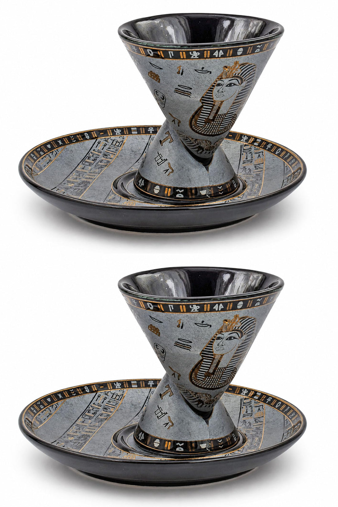 pack of 2 Coffee mug and 2 of it's plate of immatgar pharaonic Coffee mug ancient Egyptian souvenirs gifts for women and men from Egypt - mother day gifts (Tutankhamun - cono - Gray - 75 MM)